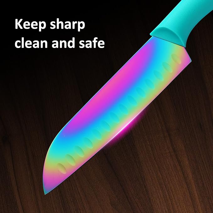 Marco Almond Kitchen Knife Set 12PC Rainbow Steel Knife Set w Cover | 6 Knives with 6 Blade Guards,Rainbow Stainless Steel Knives Set for Kitchen, Anti-Rust,Ergonomic Handle,Full Tang,Gift Box - Image 9