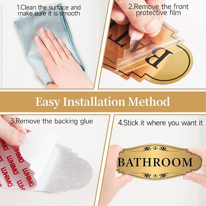 Bathroom Sign Sticker for Business and Home,Self-adhesive Brushed Gold Bathroom Decor for Door,Waterproof Vinyl Restroom Sign for House, Office, Shop - Image 8