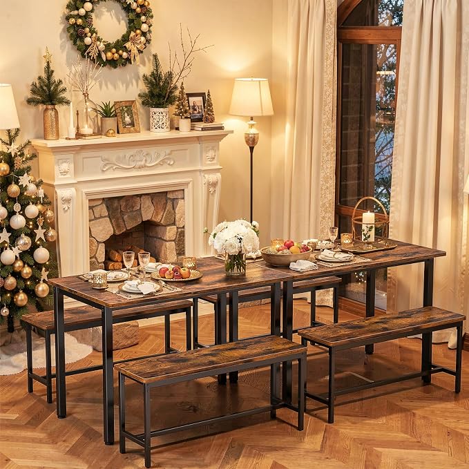 Dining Table Set for 4, Kitchen Table with 2 Benchs, Brown | Modern Functional 3 Piece Space-Saving Dining Room Table Set for Apartment, Breakfast Nook, Small Space - Image 9