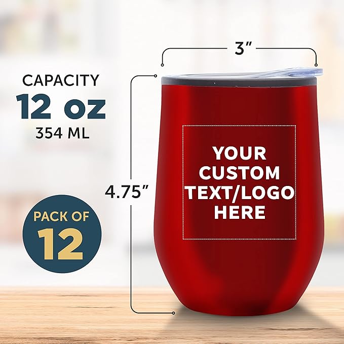 Custom Stemless Wine Tumblers 12 oz. Set of 12, Personalized Bulk Pack - Insulated, Perfect for Wine, Cocktails, Other Hot & Cold Beverages - Red