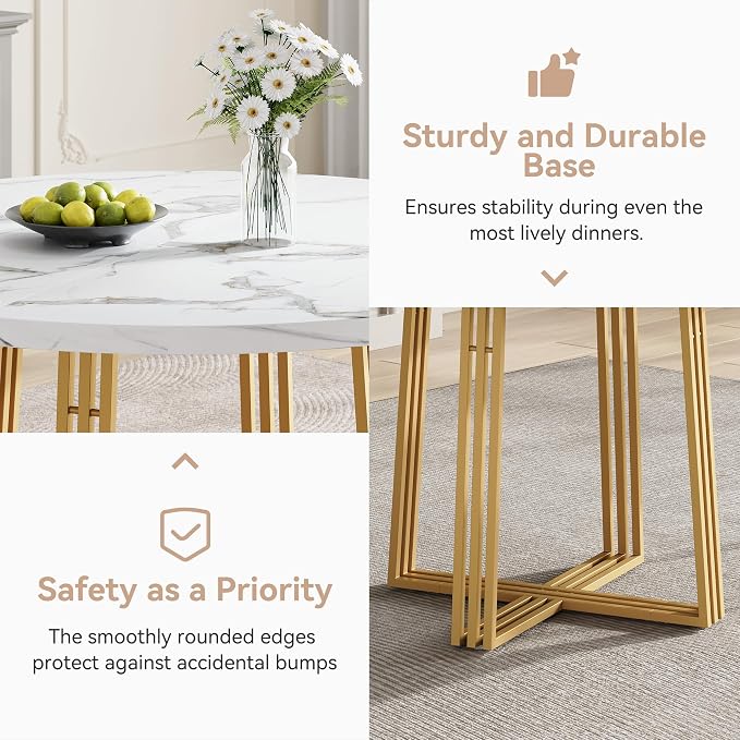 Round Dining Table for 4, 43.3-Inch Faux Marble Kitchen Table, Modern Circle Dinner Table with Metal Base for Dining Room, Kitchen, Breakfast Nook, Apartment, Small Spaces, White and Gold - Image 6