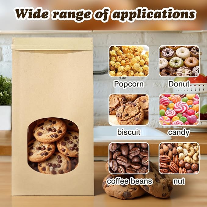 100Pcs Cookie Bags Bakery Bags with Window,Brown Kraft Paper Bags with Tin Tie Tab Lock,108 Labels Treat Bags for Homemade Cookies, Pastries, Coffee Bean, Goodies(9.8"x4.7"x2.6") - Image 7