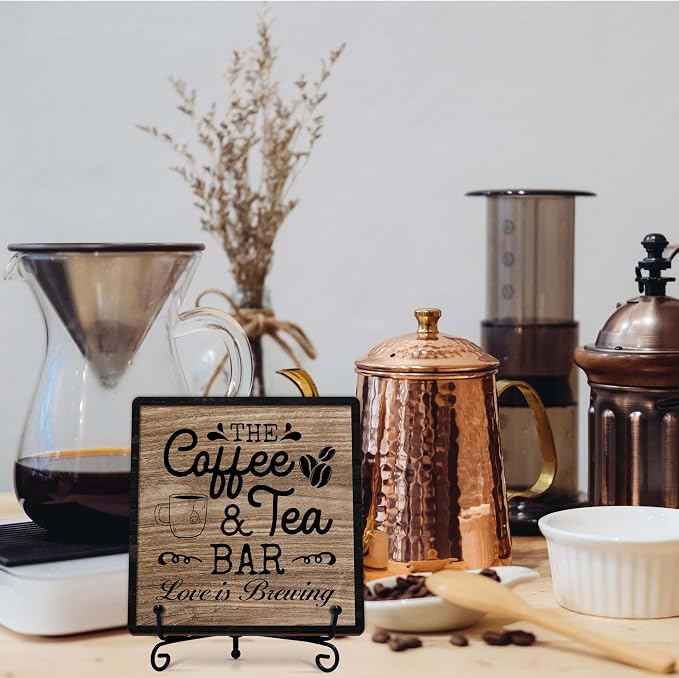 Coffee Bar Sign, Love is Brewing Farmhouse Tabletop Decor, Coffee and Tea Lover Gifts, 5x5 Wood Plaque with Iron Stand for Home Kitchen Cafe, Coffee Bar Decor โ L02 - Image 7