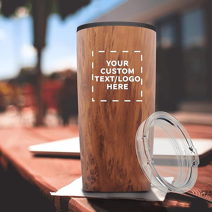 Custom Plastic Tumblers 20 oz Set of 6/12/24 Personalized Bulk Pack with Lids, Ice Coffee Tumbler, To Go Cup Insulated - Wood