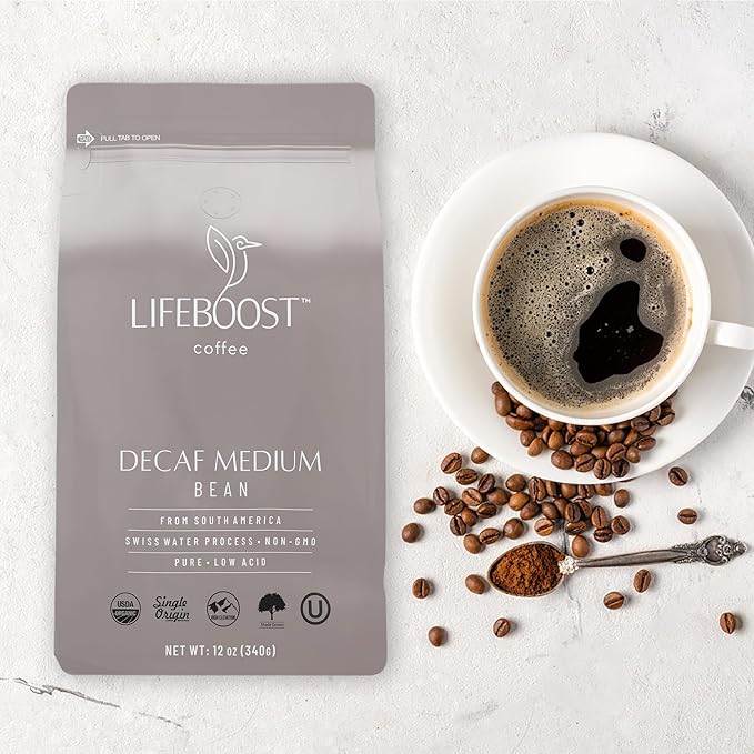 Lifeboost Medium Roast Decaf Coffee Beans β Organic Low Acid Swiss Water Decaf β Whole Bean Coffee β Third Party Tested for Mycotoxins & Pesticides β Chemical Free β 12 oz