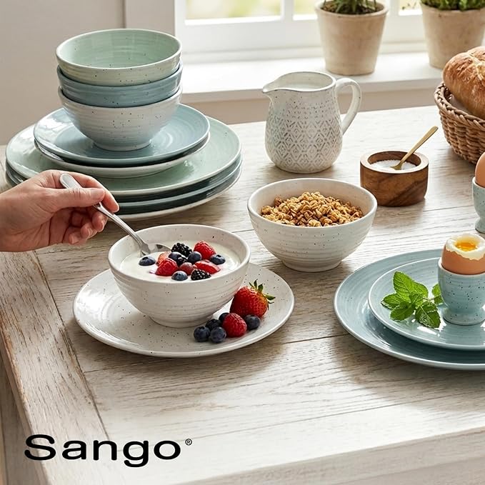 Sango Siterra Artist's Blend 16-Piece Stoneware Dinnerware Set for 4, Green, Cream & White Glossy Dishes with Speckles, Ceramic Plates and Bowls Sets for Everyday Dining, Microwave & Dishwasher Safe - Image 9