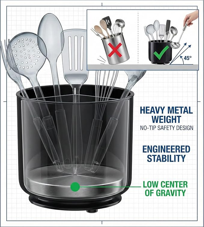 Cooler Kitchen Jumbo Extra Large Sturdy Rotating Black Utensil Holder Caddy with No-Tip Weighted Base, and Gripped Insert - Rust Proof and Dishwasher Safe Kitchen Utensils Holder - Image 7