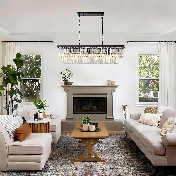 Black Crystal Chandelier for Dining Room Light Fixture Rectangle Modern Farmhouse Chandelier Contemporary Pendant for Kitchen Island Living Room Long Chandelier Rectangular Lighting - Image 8