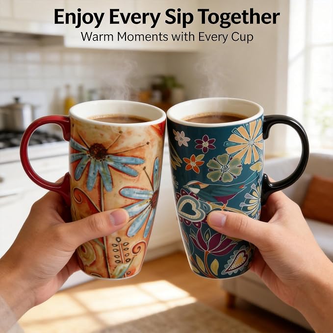 Topadorn Set of 2 Ceramic Travel Mugs with Lid, 17oz Ceramic Coffee Mug | Colorful Folk Art Floral & Bird Design, Microwave & Dishwasher Safe, Gift Boxes Included - Image 9