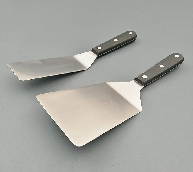 DUE BUOI set Wide Spatula blade dimension 4" x 6"1/3 and Narrow blade dimension 2" x 6" 1/3. Full Tang Triple Riveted. Non-stick Durable. ICQ Approved.