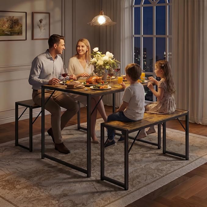 Bealife Dining Table Set for 4 with Metal Frame and MDF Board - Retro | Space Saving Kitchen Table with 2 Benches, Kitchen Table Set for Apartment, Dining Room, Breakfast Nook - Image 8