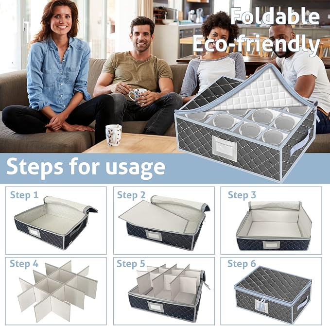 Mug and Cup Storage Box with Dividers - 2 Pack China Storage Bin Containers Holds 24 Glassware, Stackable Coffee Mug Organizer Bin and Tea Cup with 2 Metal Zipper,Label and Handles (Grey) - Image 9