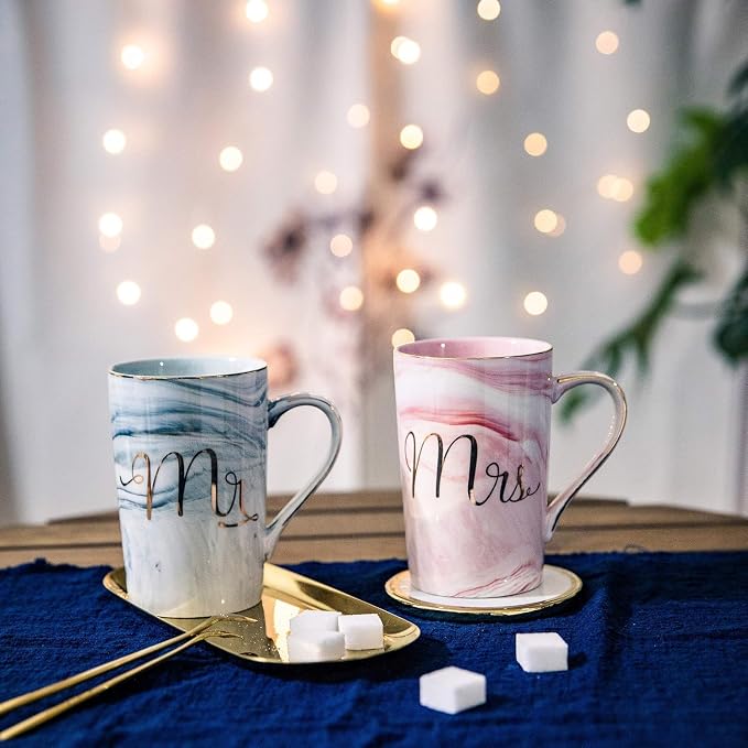 Jumway Wedding Gifts for Couples 2026, Gifts for Bridal Shower Engagement Bride and Groom Anniversary -Ceramic Marble Coffee Mugs with Real Gold Mr/Mrs Letters 14 Oz Pink - Image 7
