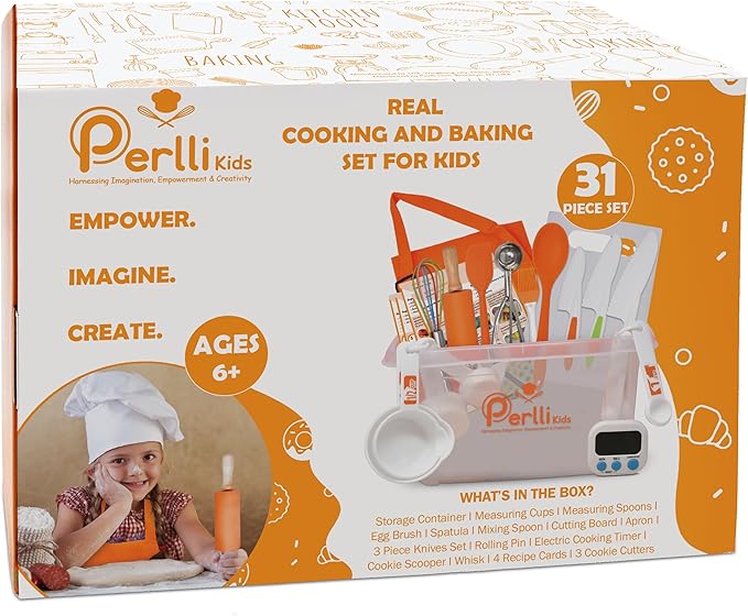 PERLLI Kids Real Cooking Set for Cooking and Baking – 31 Pc. Gift for Junior Chef with Real Utensils, Case & Safe Kids Knife Set for Boys & Girls – Fine Motor Skills & Fun for Children Ages 6+, Orange