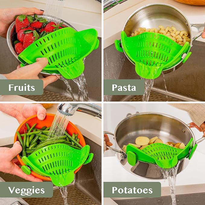 Kitchen Gizmo Snap N' Strain Clip On Strainer for Pots and Pans - Collapsible Silicone Pasta Strainer and Kitchen Gadget for Cooking - Easy to Use, Heat Resistant and Space Saving Colander - Green - Image 7