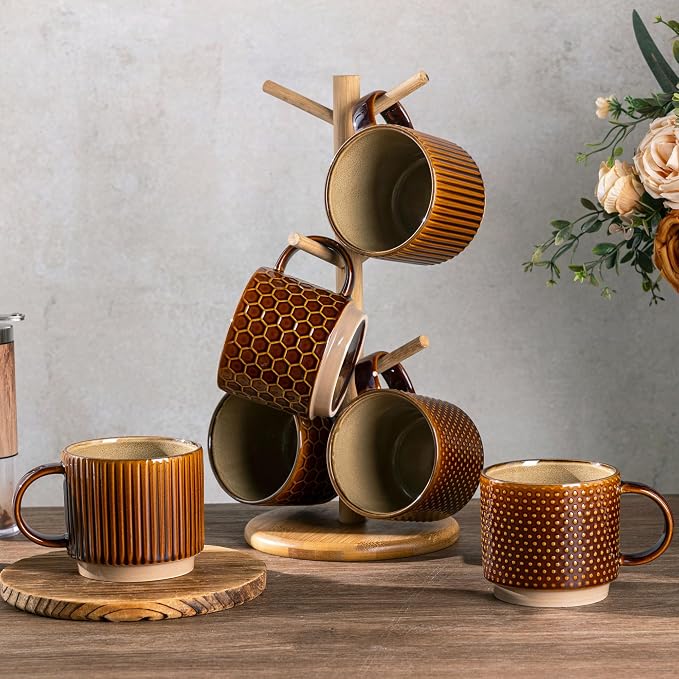 GBhome 12 OZ Stackable Coffee Mugs Set of 6, Ceramic Coffee Cups Set | 3 Assorted Designs, Embossed Mugs with Texture Patterns for Tea/Coffee, Dishwasher&Microwave Safe, Caramel - Image 8