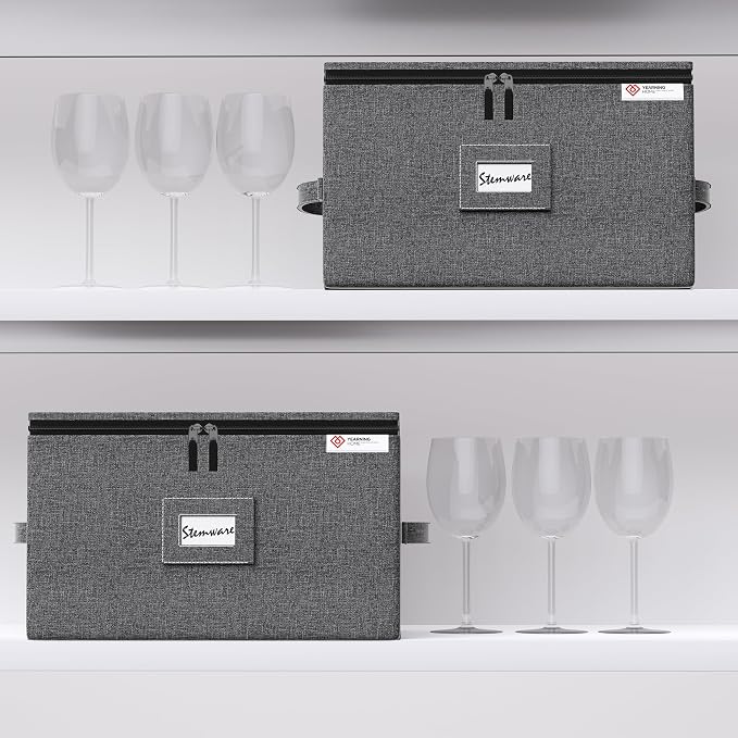 Wine Glass Storage Box with Dividers,Hard Shell and Stackable Stemware Storage Containers with Sturdy Handle for Glassware Crystal Storage and Transport,Grey,Holds 12 - Image 6
