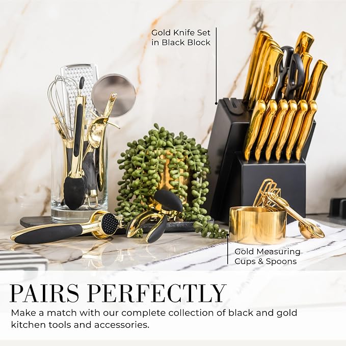Styled Settings Black and Gold Kitchen Utensils, 8-Piece, Black & Gold | 8-Piece Gold Kitchen Tools Set with Can, Pizza Cutter, Peeler, Mini Whisk, and Tongs - Image 8