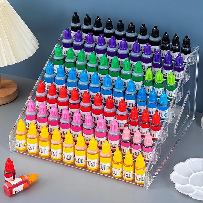 Acrylic Paint Organizer with Paint Brush Holder, Nail Polish Organizer, 7 Tiers Miniature Storage Bottle Rack for 2oz Tube, Alcohol Inks, Food Coloring, Essential Oil Storage Shelf