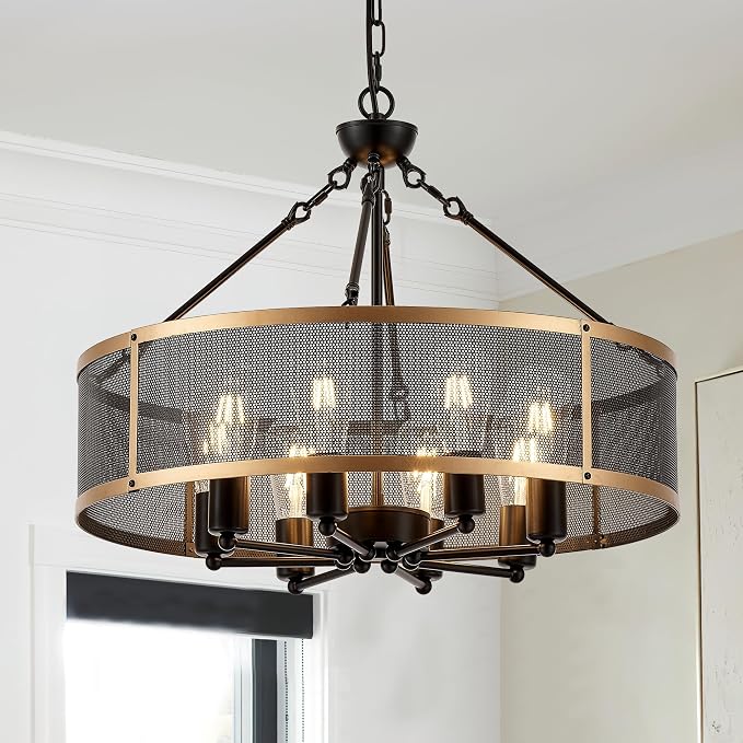 Modern 23" Large Black Gold Mesh Drum Chandelier for Dining Room Industrial Retro Semi Flush Mount 4-Light Round Ceiling Light Fixtures for Kitchen Bedroom Living Room Hallway Entryway Foyer - Image 9