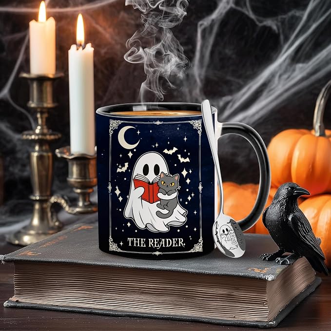 Hyturtle Cute Ghost with Cat Coffee Mug with Spoon for Halloween Birthday | Funny Ghost Tarot Gifts for Readers, Book Lover Mug, Book Club Gifts, Premium 11oz Ceramic Coffee Tea Cup, Double-sided print - Image 9