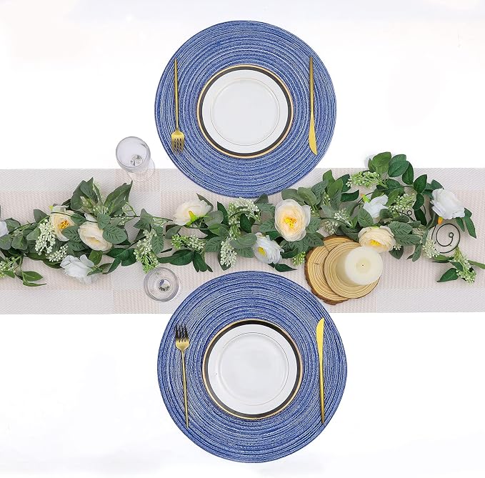 SHACOS Round Braided Placemats 15 inch Set of 4 Washable Cotton Polyester Braided Kitchen Table Placemats for Home Wedding Party (Blue White, 4) - Image 9