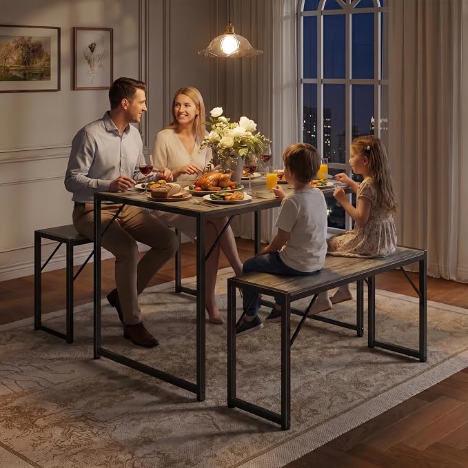 Bealife Dining Table Set for 4 with Metal Frame and MDF Board - Grey | Space Saving Kitchen Table with 2 Benches, Kitchen Table Set for Apartment, Dining Room, Breakfast Nook - Image 8