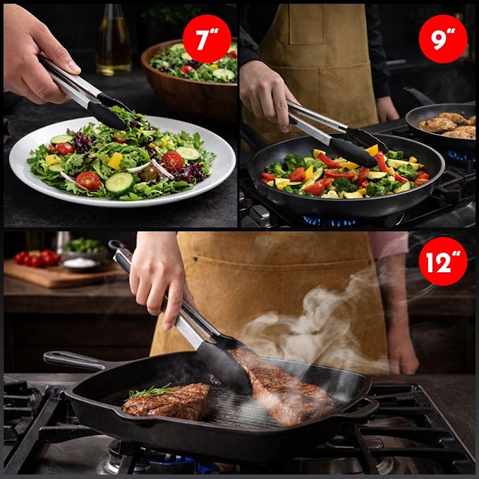 Kitchen Tongs - 12, 9 & 7 Inch Locking Silicone Tongs for Cooking, Set of 3 | Black Tongs with Silicone Tips, Heat Resistant Tongs for Grilling, Serving, Mixing - Image 7