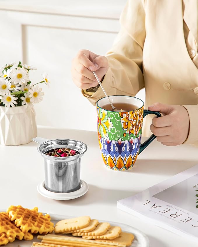 vancasso Ceramic Tea Mug with Infuser and Lid, 18 Ounce Bohemian Loose Leaf Cup, Microwave & Dishwasher Safe, Perfect for Tea, Coffee, Lime-Green Fiesta - Image 7