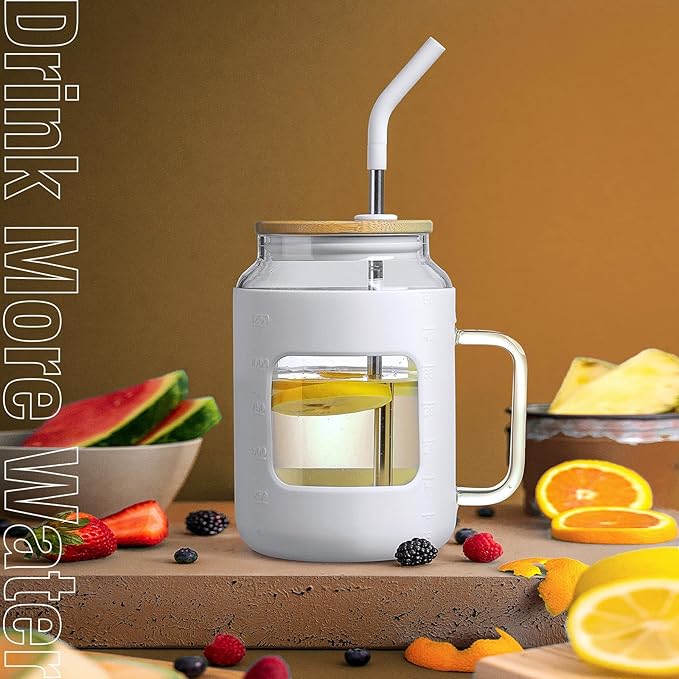 50 oz Glass Water Bottles with Silicone Sleeve,Glass Tumbler with Lid and Straw,Iced Coffee Cup with Handle,BPA Free-White