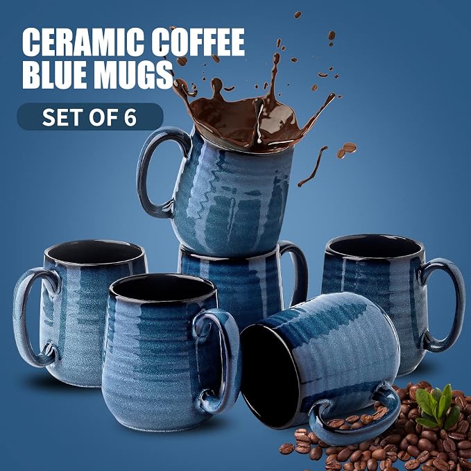 HASENSE Coffee Mugs, 12 Ounce Ceramic Coffee Mug Set of 6, Reactive Glaze Tea Cups with Handle for Milk, Hot Cocos, Latte, Stylish Blue Cup Gift for Man and Women, Dishwasher and Microwave Safe - Image 7