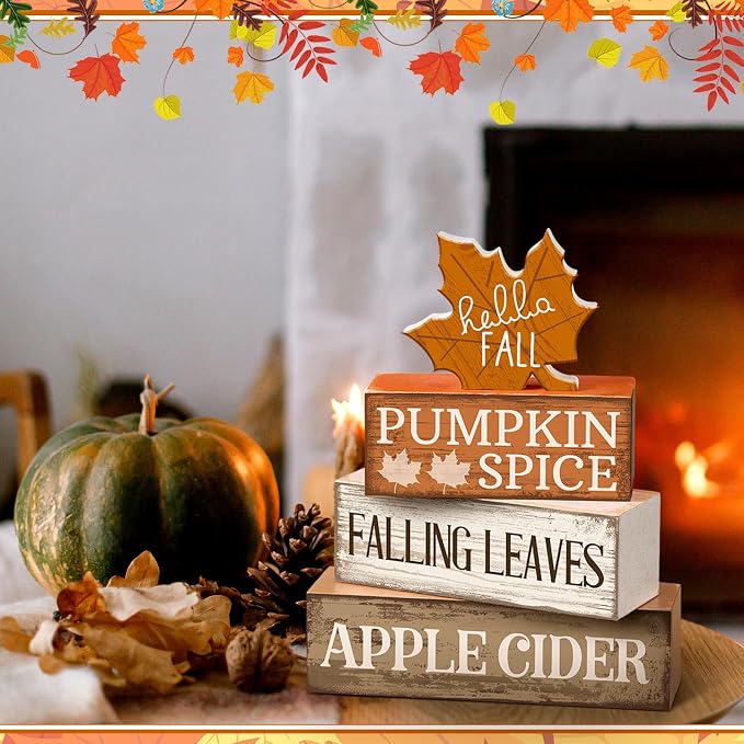 Moucuny 4 Pcs Fall Decor Wooden Maple Leaf Decoration Thanksgiving Tiered Tray Decor Rustic Wooden Maple Leaf Block Sign Thanksgiving Table Centerpiece Farmhouse for Autumn Harvest Party Home Kitchen - Image 8