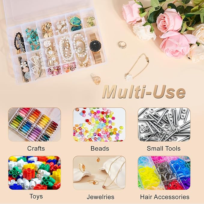 18 Grids Large Plastic Organizer Box with Adjustable Dividers, Clear Compartment Storage Container Tackle Box with Label Stickers for Beads, Crafts, Jewelries, Tools