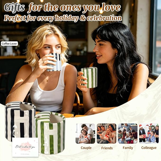 2-Pack 10 oz Ceramic Coffee Mug with Sip Hole & Silicone Sleeve | Cute Hand-Painted Striped Porcelain, Gift for Coffee Lover, Cold & Hot Drinks, Microwave & Dishwasher Safe, Green, Black - Image 7