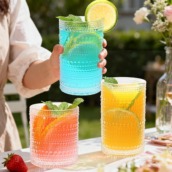 Hobnail Drinking Glasses, Tumbler Glassware, Set of 12 | 10 oz Cocktail Glasses & 12 oz Highball Glasses, Glass Cups for Whiskey, Juice, Home, Bar & Kitchen, Dishwasher Safe - Image 7
