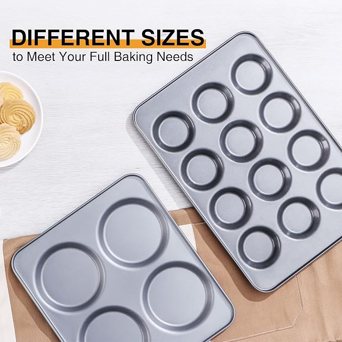 Large Muffin Top Pan Set of 2, 4 Cup Nonstick Hamburger Bun Baking Pan, Jumbo Whoopie Pie Pan for Egg Sandwich, Cornbread, Layer Cake - Image 8
