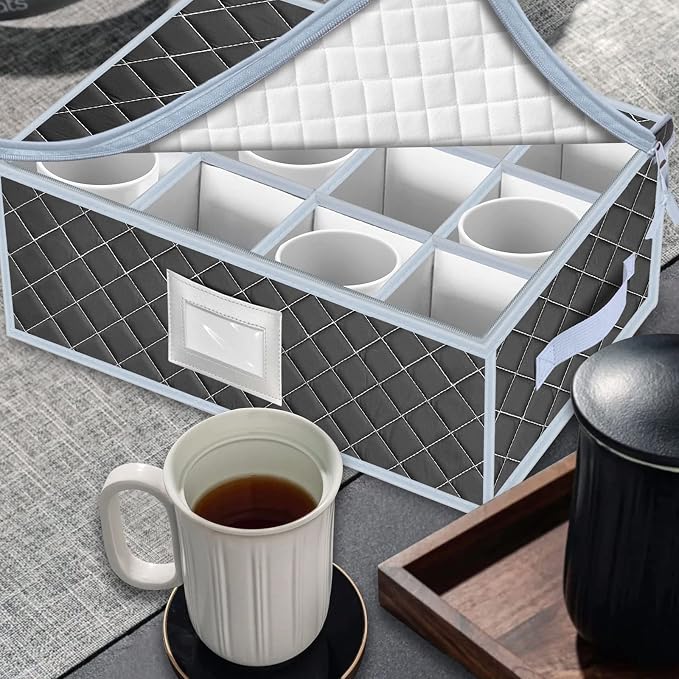 China Dinnerware Storage Containers Set- Dish,Mug,Stemware Storage Cases - Quilted Box Bins Stackable with Divider,handles,Clear Window for Cups,Plates,Wine Glasses Moving Set of 6 (Grey - Image 8