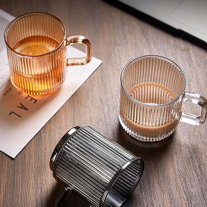 Glass Coffee Mug Espresso Cups for Coffee 12 oz Classical Vertical Stripes Glass Tea Cups Transparent Glasses for Latte Juice Chocolate Gift