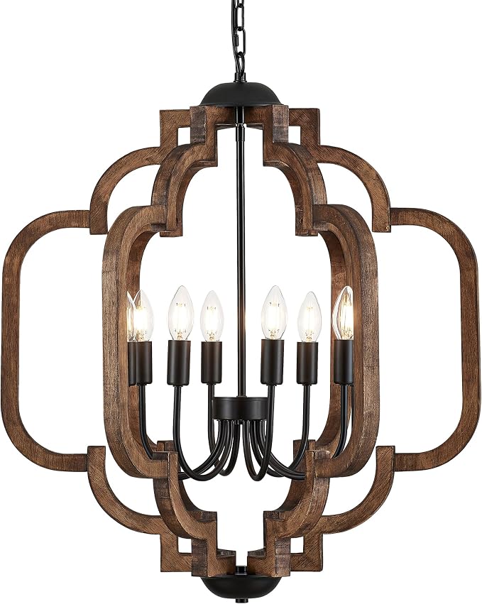 24.6" Farmhouse Vintage Chandelier 8-Light for Dining Room Rustic Handmade Wood Hanging Ceiling Pendant Light Fixture for Entryway Brown Retro Chandeliers for Kitchen Bedroom Foyer Hallway - Image 9