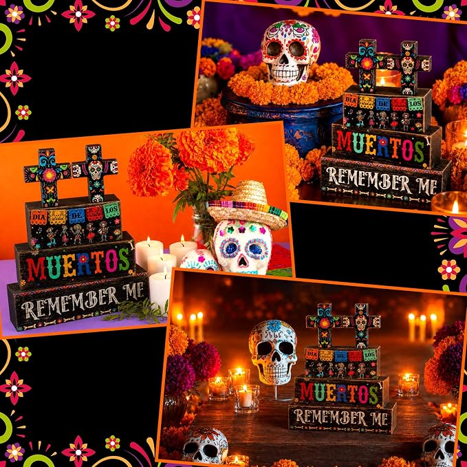 Moucuny 4 Pcs Day of the Dead Table Decorations Day of the Dead Cross Centerpiece for Table Dia De Los Muertos Tiered Tray Decor Wood Sugar Skull Block Signs for Halloween Party Home Shelf Decoration - Image 7