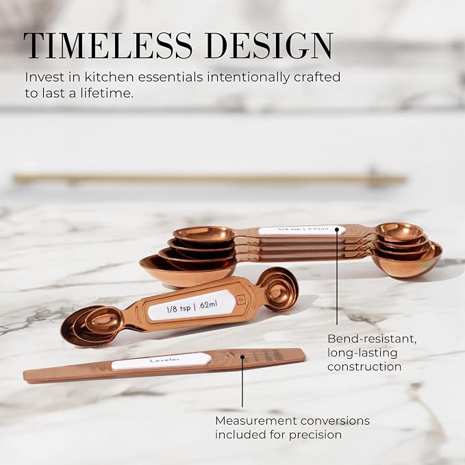Styled Settings Copper Measuring Spoons Set with Leveler, 8-Piece | Double-Sided Nesting Magnetic Measuring Spoons, Stackable & Spice Jar Friendly -Stylish Copper Kitchen Accessories for Baking - Image 8