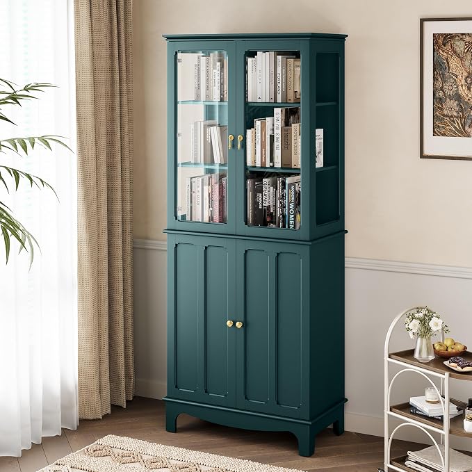 72" Tall Kitchen Pantry Cabinet with Glass Door and Adjustable Shelves, Vintage Food Storage Cabinet for Kitchen, Dining Room, Living Room, Teal - Image 7