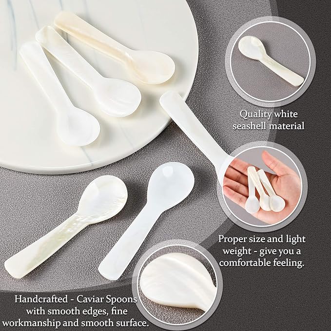Caviar Spoons Mother of Pearl Mop Spoons with Hand Craft W Round Handle for Caviar, Egg, Ice Cream, Salt, Coffee Serving, Restaurant Serving Set(6 Pieces,2.75 Inch)