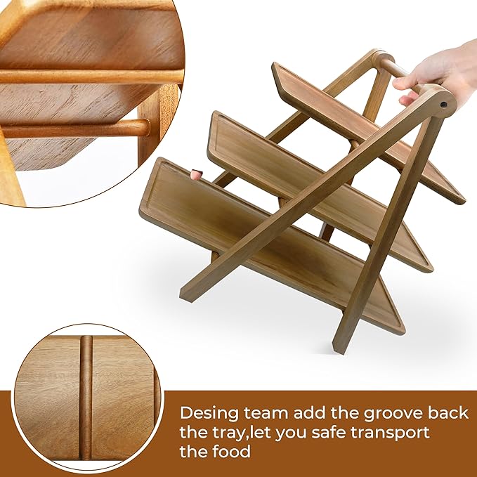 Acacia Wood 3 Tier Tray Wooden Serving Tray - Three Tiered Serving Stand with Collapsible Wood Rack, for Charcuterie Boards/Desserts, Foldable for Easy Storage, Party Wedding Kitchen Decor