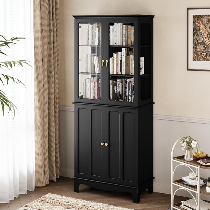72" Tall Kitchen Pantry Cabinet with Glass Door and Adjustable Shelves, Vintage Food Storage Cabinet for Kitchen, Dining Room, Living Room, Black - Image 7