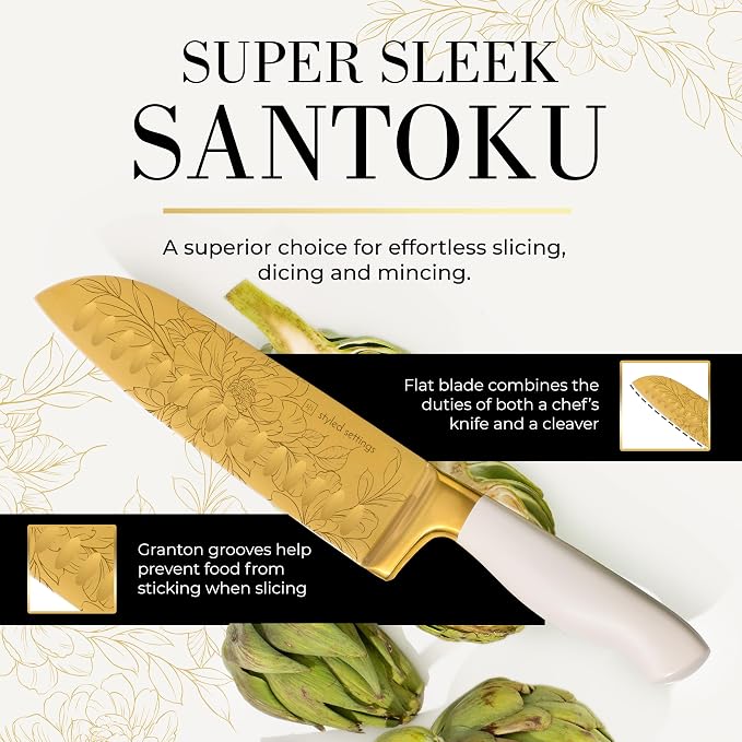 Styled Settings White and Gold Knife Set with Elegant Floral Pattern, 14-PC | Golden Titanium-Coated Stainless Steel Gold Knives with Block, Ultra-Sharp, Durable Kitchen Knife Block Set - Image 8