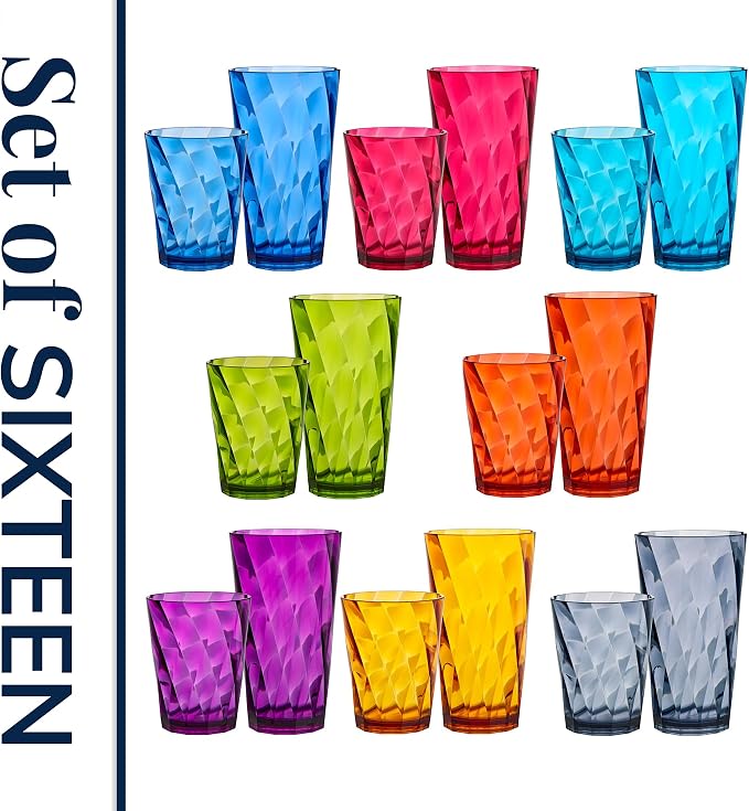 US Acrylic Optix Plastic Reusable Drinking Glasses (Set of 16) 14oz Rocks & 20oz Water Cups in Jewel Tone Colors | BPA-Free Tumblers, Made in USA | Top-Rack Dishwasher Safe - Image 8