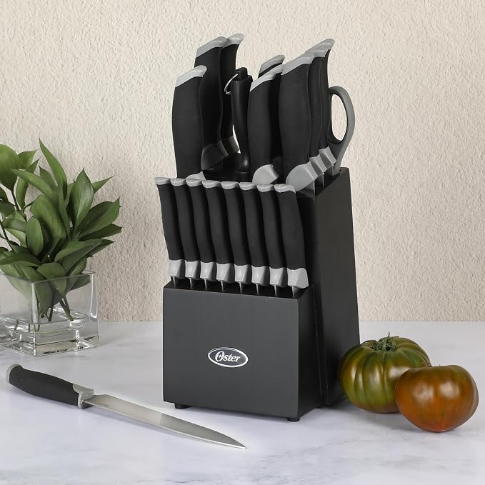 Oster Lindbergh 22 Piece High Carbon Stainless Steel Cutlery Kitchen Knife Block Set w/Black Knife Block - Black Handle - Cuchillos Para Cocina - Image 8