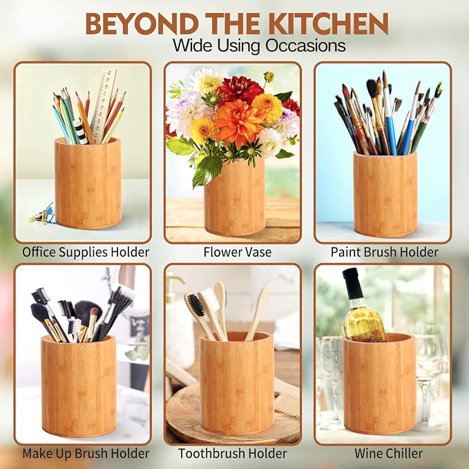 Bamboo Utensil Holder, Large Utensil Holders for Kitchen Counter, Bamboo Spoon and Chopstick Holder for Kitchen Decor, Flatware and Spatula Storage Organizer, for Countertop, Pantry and Bathroom - Image 7