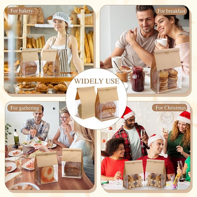 Fullhawl 180 Pcs Bakery Bags with Window, Kraft Paper Cookie Bags with Tin Tie for Sourdough, Pastry, Homemade Baked Goods, Storage Packaging (11.02 x 6.3 x 4.33 Inches) - Image 6